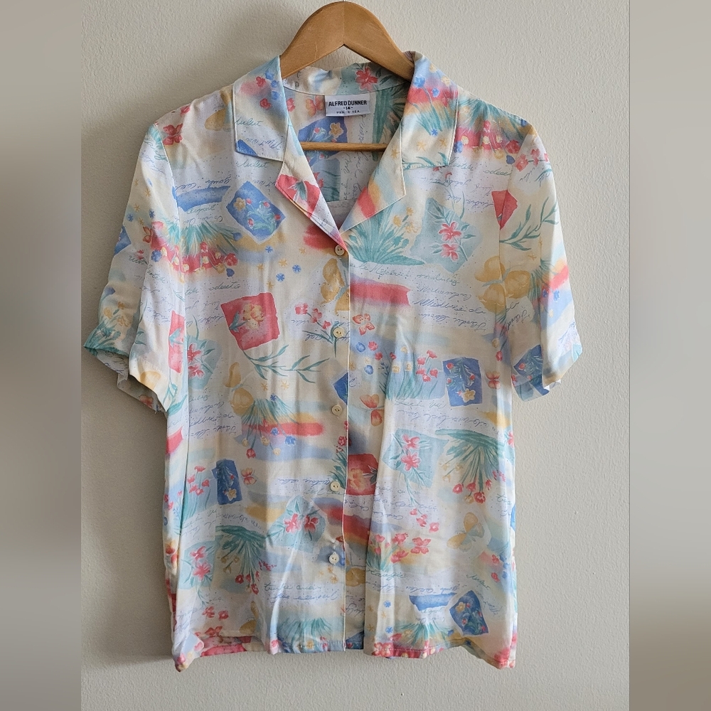 Vintage Alfred Dunner Floral Button Down Short Sleeved Blouse Women's 14, Cream